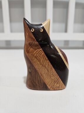 Vintage Handmade Wooden Cat Figurine, Made In India